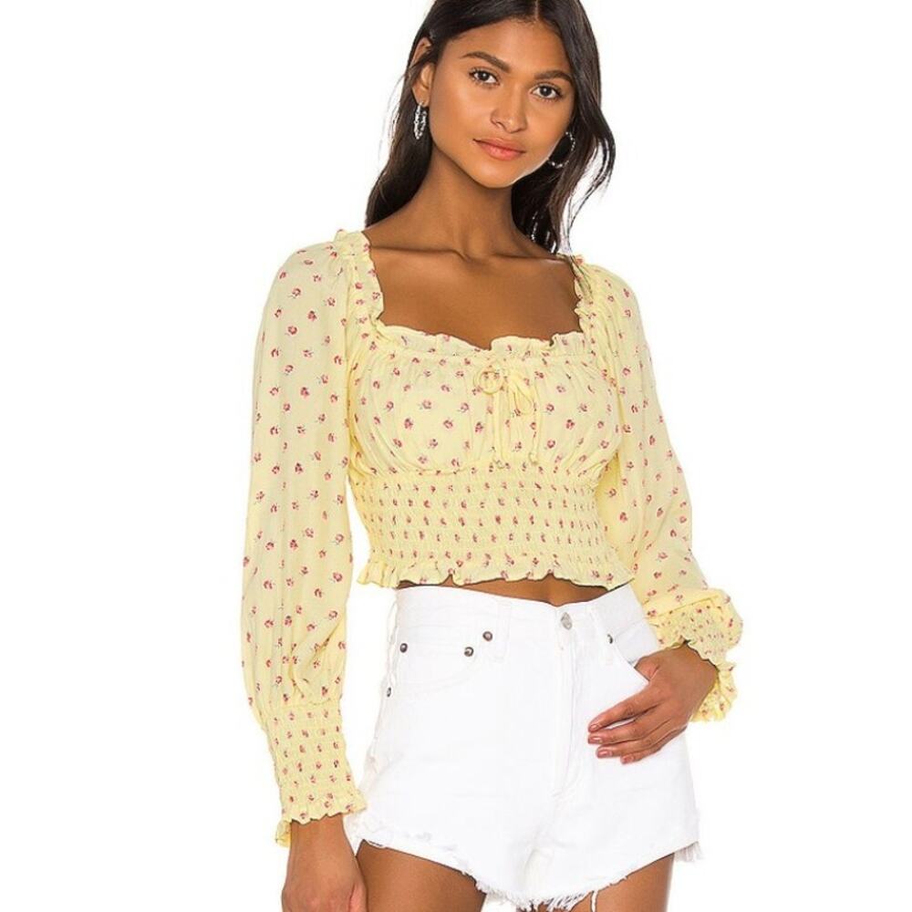Faithfull The Brand Yellow Ella Floral Smocked Crop Top Size 4 Milkmaid Cottage